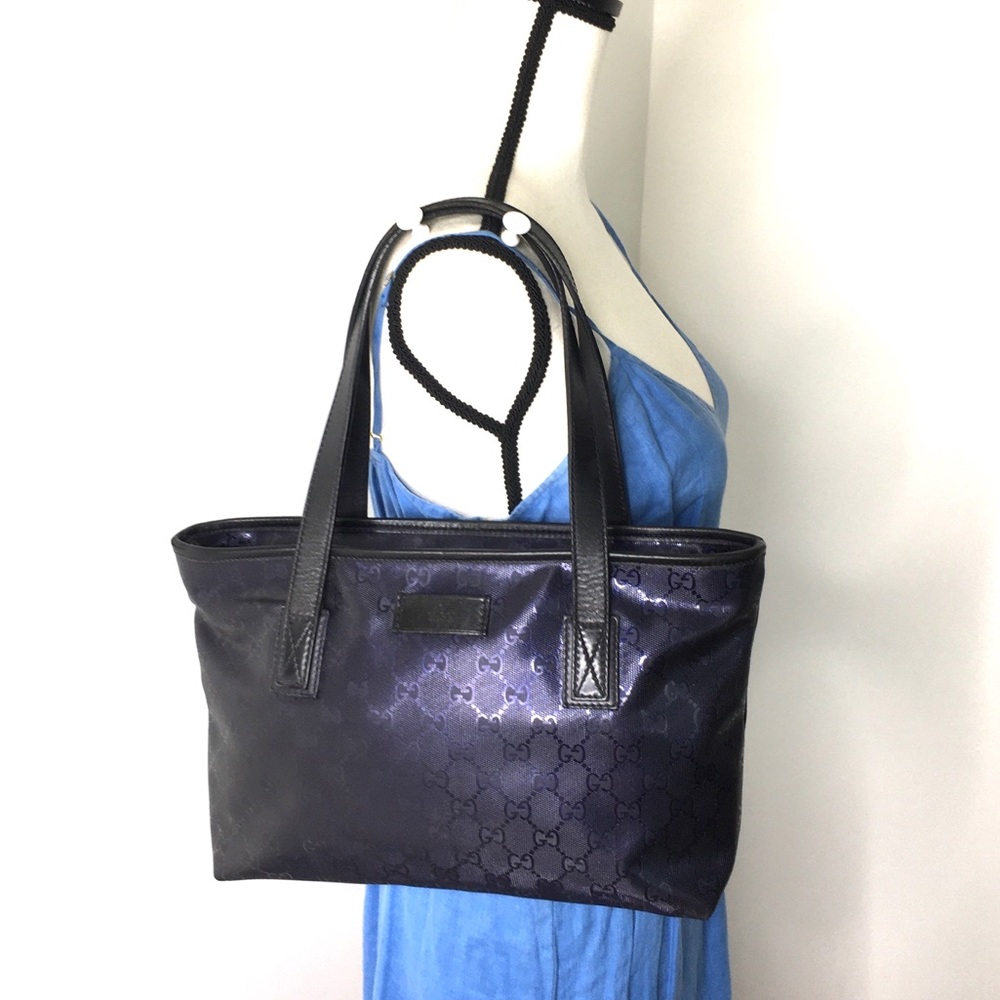 Authentic Gucci navy monogram coated canvas Imprime small tote bag